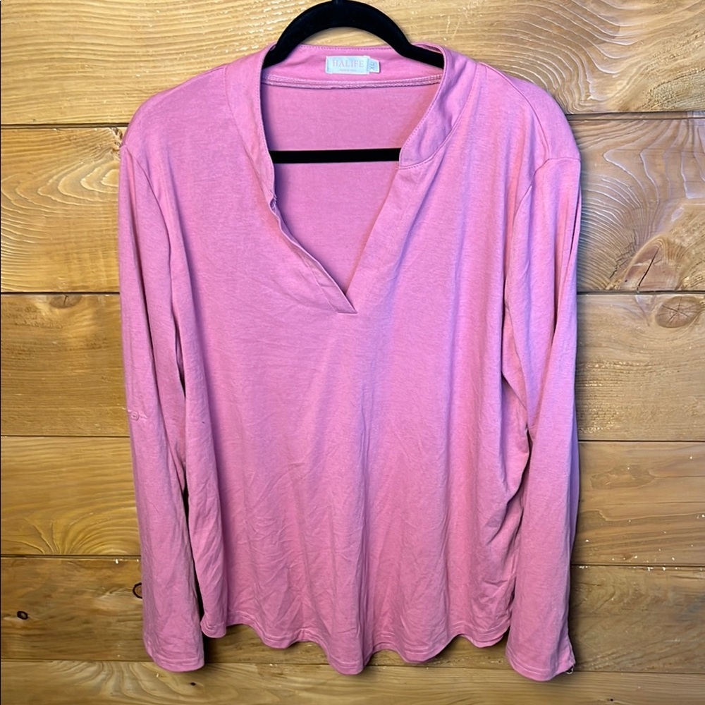 Halife Women's Pink Long‎ Sleeve Top XL V-Neck shirt Casual Feminine
